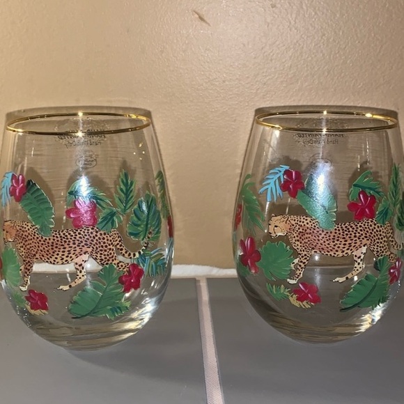 🎅 2 Hand Painted Set Tiger in Jungle Stemless Wine Glasses NEW - Picture 3 of 15